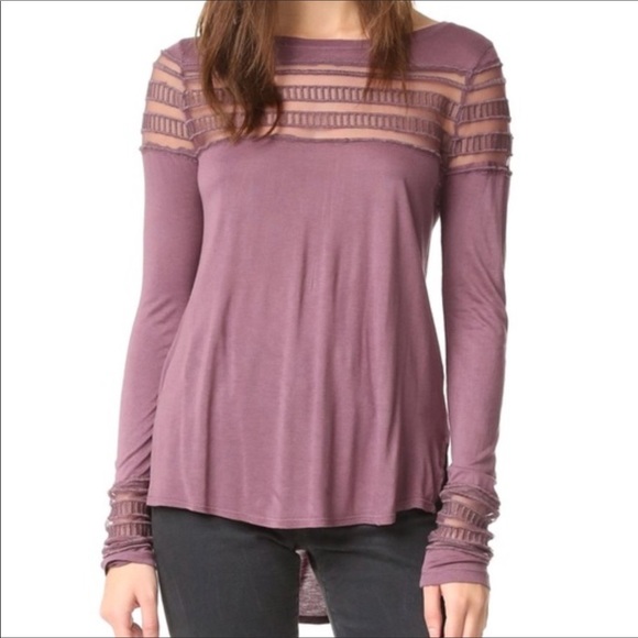 ☮️👚 FREE PEOPLE Low Hi side slits sheer mesh InSet neck Long Sleeve Top NWOT - Picture 6 of 9